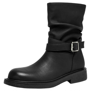 达芙妮黑色短靴子女2026新款春季厚底骑士靴粗跟春款堆堆靴裤管靴
