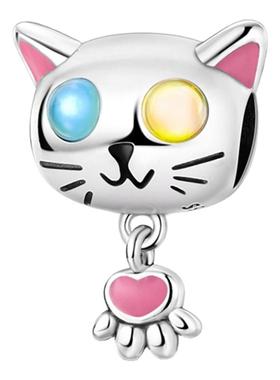 2024潘家风格铜镀S925银珠子原创设计diy串珠粉红小猫抱心串饰