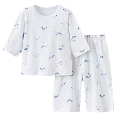babylove【安心柔】宝宝家居服套装夏季纯棉七分袖睡衣悠游蓝海