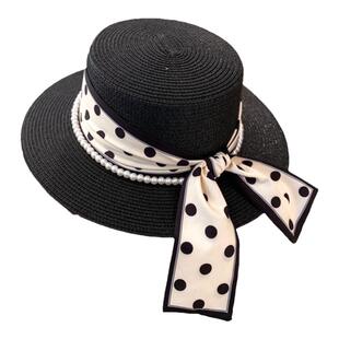 日系简约波点草帽女夏季遮阳防晒度假沙滩帽法式平顶白色礼帽出游