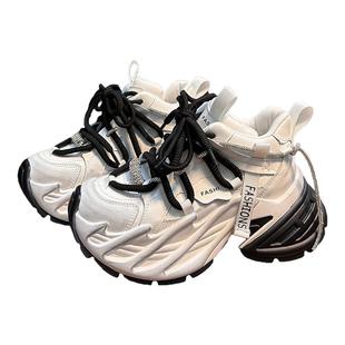 欧货真皮水钻绑带厚底老爹鞋女复古做旧百搭小个子增高休闲运动鞋