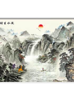 卷帘新中式山水画窗帘书房背景