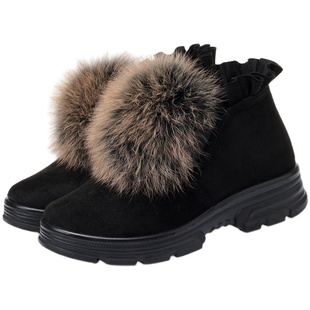 老北京布鞋冬季保暖女棉鞋加绒加厚平跟软底毛球鞋防滑毛绒兔毛女