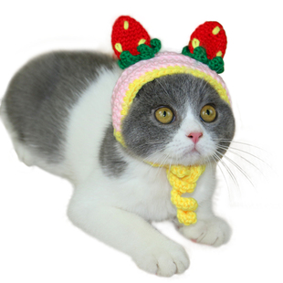 宠物帽子草莓帽猫咪头套手工针织毛线帽头饰可爱搞笑拍照小型犬狗