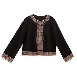 通勤风黑色刺绣圆领汉服上装长袖直筒型单排扣云纹外套