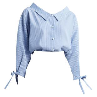 湖灵 chic韩风蓝条纹宽松衬衫女韩范秋款上衣港味小清新衬衣女装