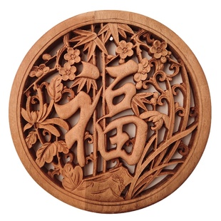 木雕挂件 香樟实木客厅中式圆形仿古福字玄关壁挂装饰雕刻工艺品