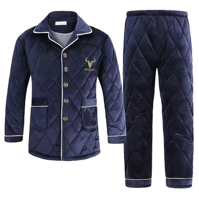 男士睡衣冬季加厚珊瑚绒夹棉套装