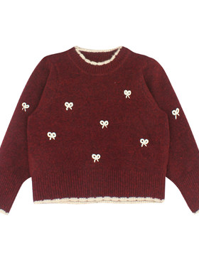 utouto冬季两色蝴蝶结花边毛衣