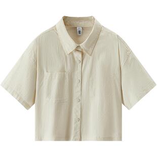 森马短袖衬衫女夏季短款纯色宽松肌理落肩翻领盐系休闲工装风衬衣