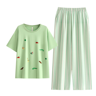 悦内睡衣女款夏季纯棉短袖长裤家居服夏天清新休闲圆领可外穿套装