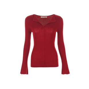 wana try绵羊毛翻领修身显瘦针织衫25冬新品红色百搭简约上衣女