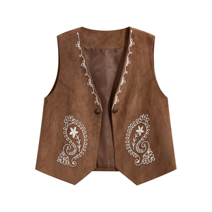 重工刺绣鹿皮绒马甲女士秋季波西米亚宽松叠穿坎肩背心无袖上衣