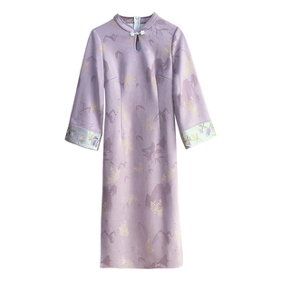 夜莺【自制款】小清新显白紫色加绒加厚刺绣旗袍大码胖mm连衣裙冬