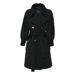 IDPAN黑色大衣冬季新款时尚气质通勤双排扣中长款毛呢外套女