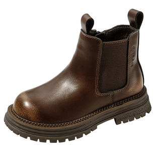 百丽童鞋女童烟筒靴加绒保暖英伦风时装靴冬季儿童时尚百搭马丁靴