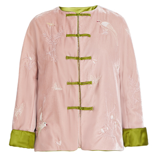 【商场同款】秸熙25冬季复古新中式绣花棉服外套撞色翻边丝绒棉衣