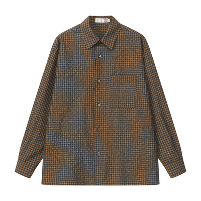 雾撞山野复古格子衬衫男2026春季新款长袖衬衣泡泡肌理日系外搭潮