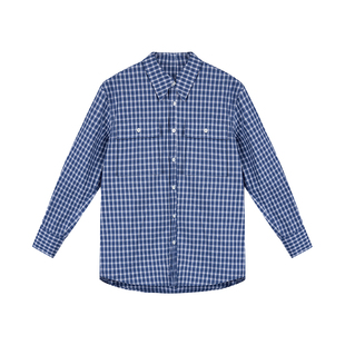 CROWNLESS未冕全棉双贴袋经典廓形袖口毛边蓝白复古格纹衬衫女