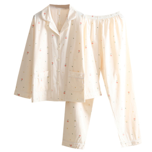 吸汗透气100%全棉斜纹布睡衣女春夏薄款长袖纯棉布田园风家居服套