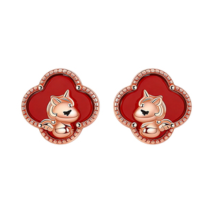 S999纯银针四叶草耳钉小众轻奢高级感耳环本命年秋冬红色耳饰马年