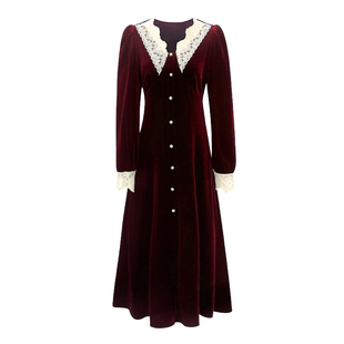 AM NANA法式气质丝绒连衣裙女长袖收腰仙女裙酒红色V领显瘦长裙子