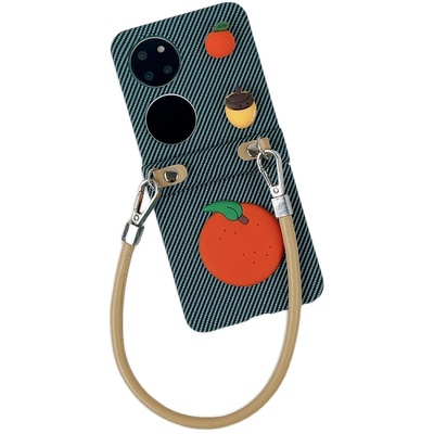 绿松蓝橘子手提斜挎绳折叠手机壳