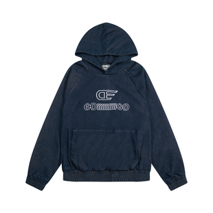 出前一町秋冬季复古字母刺绣连帽重磅加绒牛仔卫衣中性风休闲上衣