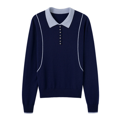 亦白百搭拼接撞色领毛衣针织衫女