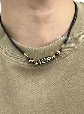 藏式民族风九眼财神天珠项链 新中式设计男女适用小众风格混合材