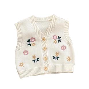 女童毛衣针织衫婴儿纯棉棉纱线马甲外套宝宝百搭绣花背心上衣坎肩