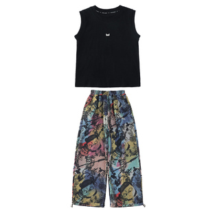 女童套装春夏哪吒卫裤洋气涂鸦印染长裤挂脖T恤嘻哈街舞两件套潮