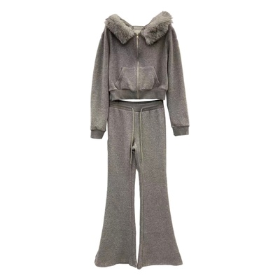 毛领连帽拉链卫衣喇叭裤两件套女