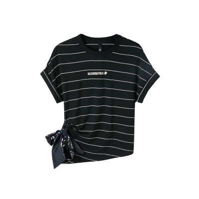 U/TI丝巾条纹不规则T恤女装 度假风百搭休闲短袖尤缇时尚夏季新款