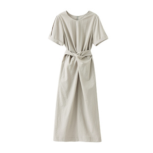 CHENXIAN辰现棉麻围裹系带设计感短袖连衣裙收腰显瘦中长款裙子女