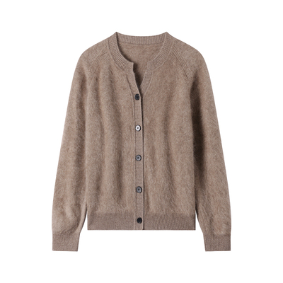 加厚拉绒开衫100%山羊绒圆领女