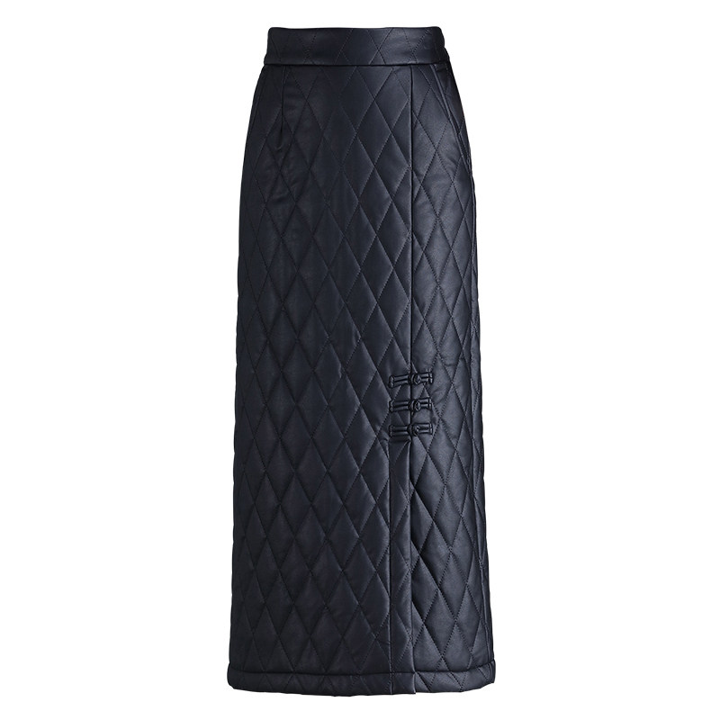 加厚加棉直筒长裙pu皮裙女半身裙秋冬新款高腰显瘦开叉一步包臀裙