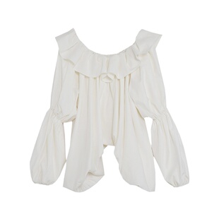 UNSPOKEN白色法式一字肩上衣女春季设计感灯笼袖衬衫通勤高级感