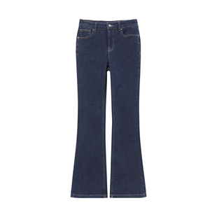 THESOONG/隽永复古炒砂洗水线条感中腰弹力丹宁微喇牛仔裤女7077