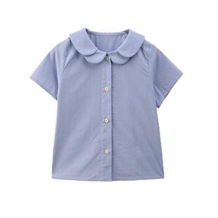 哈齿童装儿童上衣花瓣领蓝色学院风短袖衬衫女童小衫宝宝夏装新款