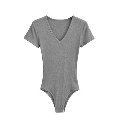 短袖欧美V领螺纹棉弹力连裆女T恤