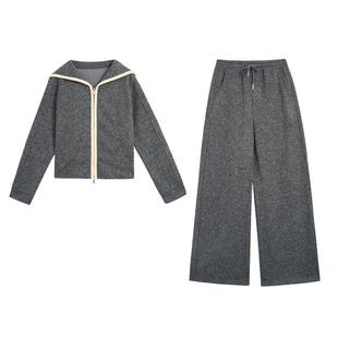 紫涵短款翻领拉链针织外套高腰直筒裤上下两件套装女2025冬季新款