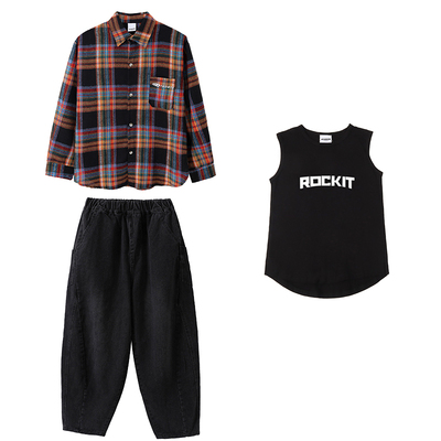 儿童街舞潮服套装男童痞帅格子