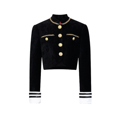 LEFAME海军风丝绒撞色气质外套