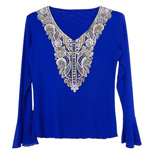 新疆舞蹈服新款网纱贴花喇叭袖上衣民族风女透气款服饰维族舞打底