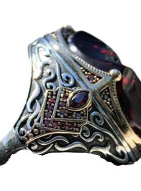 纯银复古深红色红宝石戒指镶嵌