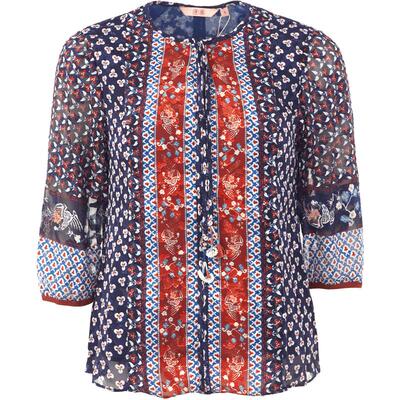 渔衬衫2024新款女装春夏真丝撞色拼接碎印花中袖休闲上衣FGGA2207