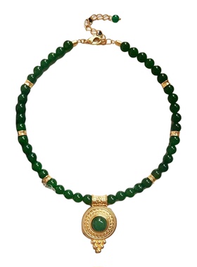 欧美宫廷中古vintage复古气质圆形绿色天然石串珠项链耳环套装女
