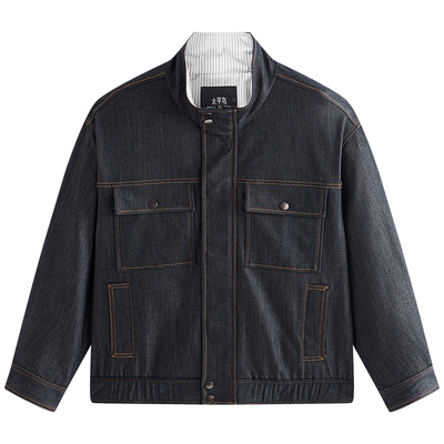 太平鸟男装 原牛色立领仿牛仔夹克工装潮流宽松茄克青年通勤外套