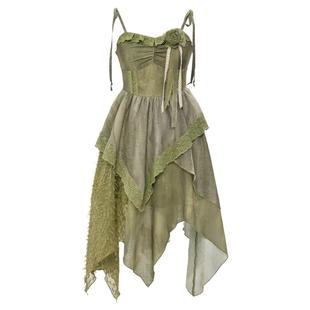 森女部落原创民族风设计感绿色森系吊带连衣裙女2026夏季新款裙子